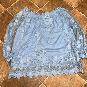 New Women's Marled Floral-Mesh Off-The-Shoulder P Chambray Blue Xl
